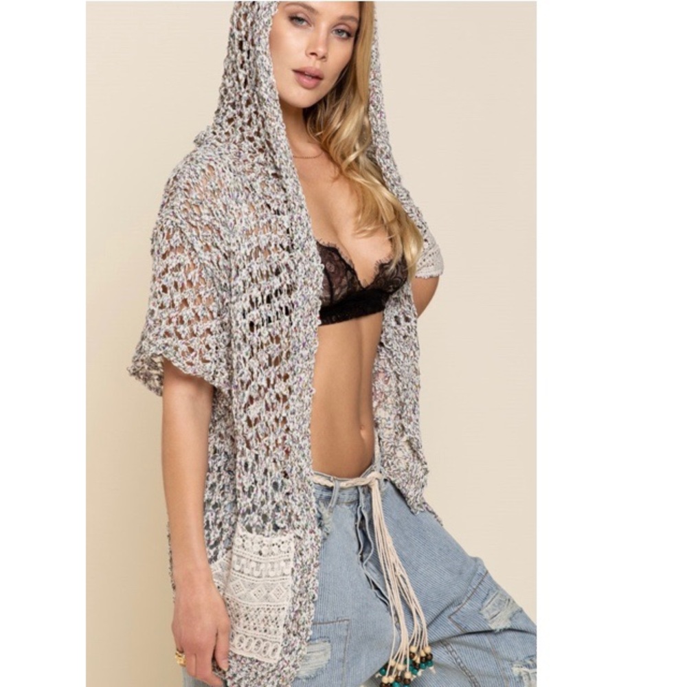 POL Cream and Gray Knit Hooded Cardigan
